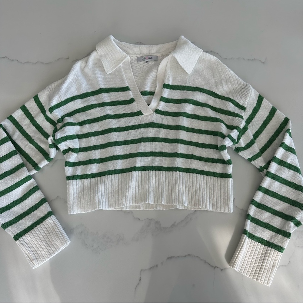 Gab & Kate Striped Collared Polo Lightweight Knit Sweater